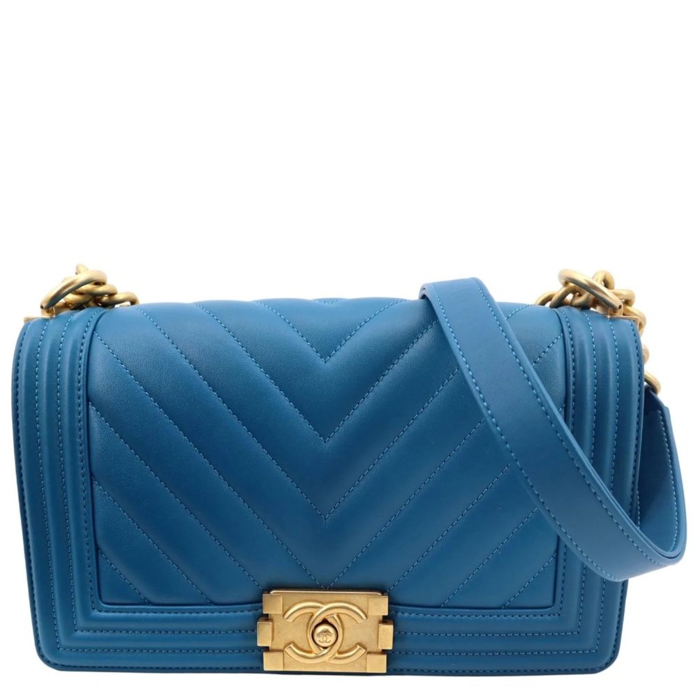 CHANEL  Medium Boy Flap Chevron Quilted Calfskin Shoulder Bag Blue